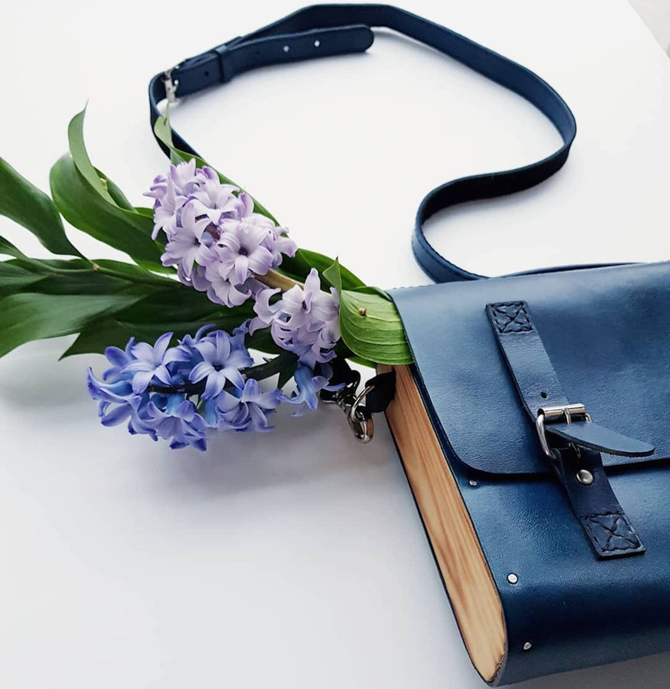 Blue leather crossbody purse